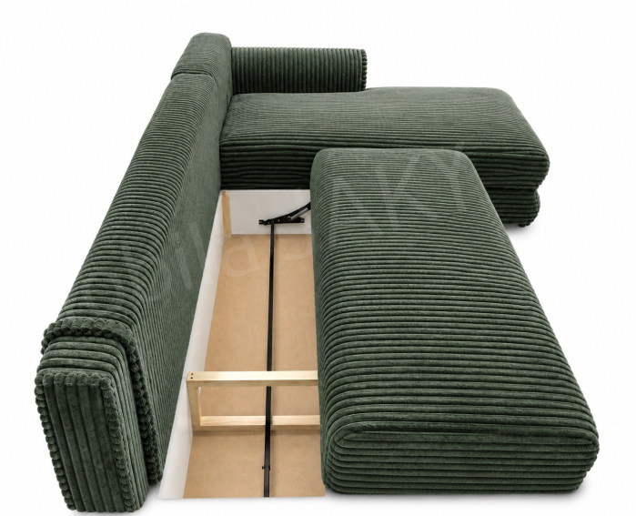 Coltar extensibil LINEA MINI dreapta, cu lada de depozitare, 285*160*100 cm, stofă raiată pufoasă verde [3]