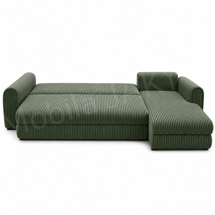 Coltar extensibil LINEA MINI dreapta, cu lada de depozitare, 285*160*100 cm, stofă raiată pufoasă verde [4]