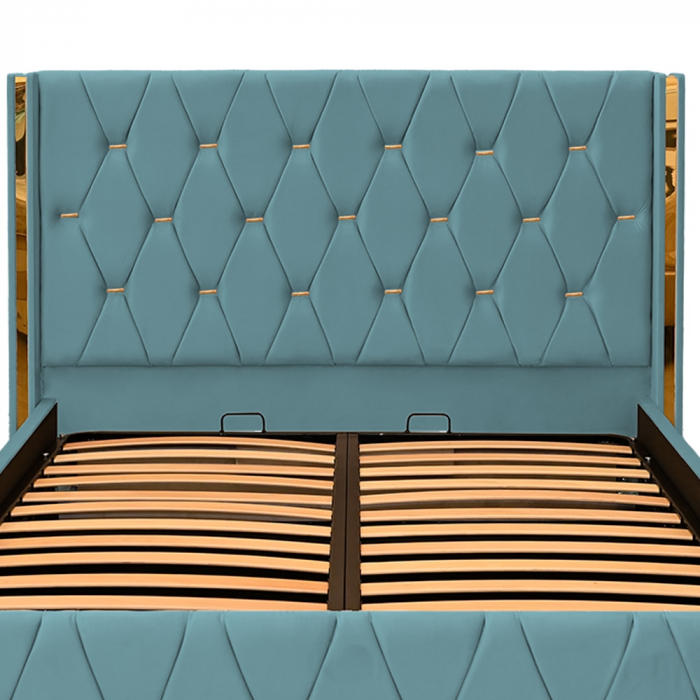 Pat dublu tapitat Diamond 160/200 cm, culoarea verde-marin cu detalii aurii, somiera metalica rabatabila si spatiu de depozitare [3]