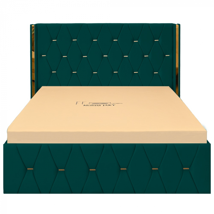 Pat dublu tapitat Diamond 160/200 cm, culoarea verde cu detalii aurii, somiera metalica rabatabila si spatiu de depozitare [1]