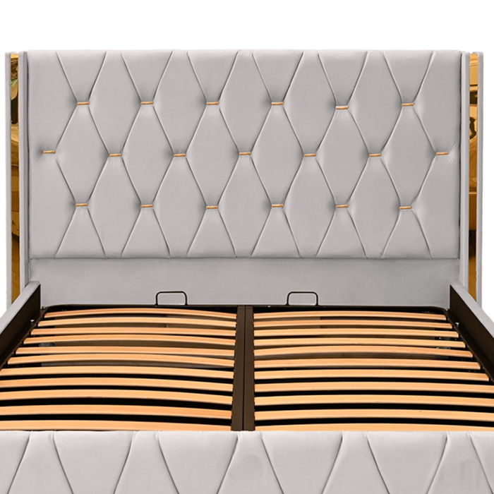 Pat dublu tapitat Diamond 160/200 , culoare crem cu detalii aurii, somiera metalica rabatabila si spatiu de depozitare [5]