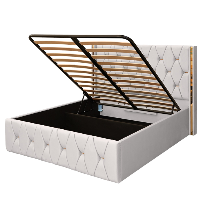 Pat dublu tapitat Diamond 160/200 , culoare crem cu detalii aurii, somiera metalica rabatabila si spatiu de depozitare [2]