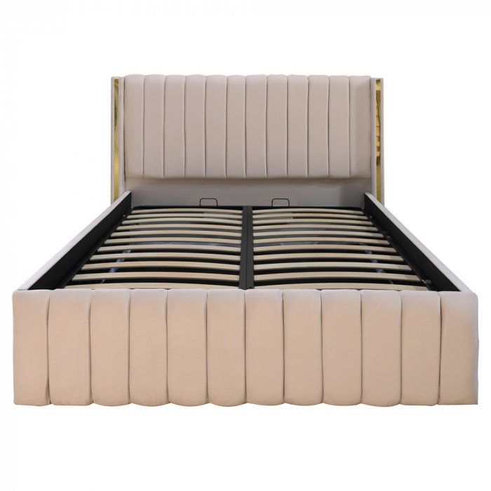 Pat dublu tapitat Georgia, 140/200 cm, crem cu benzi aurii, cu somiera metalica rabatabila si spatiu de depozitare [2]