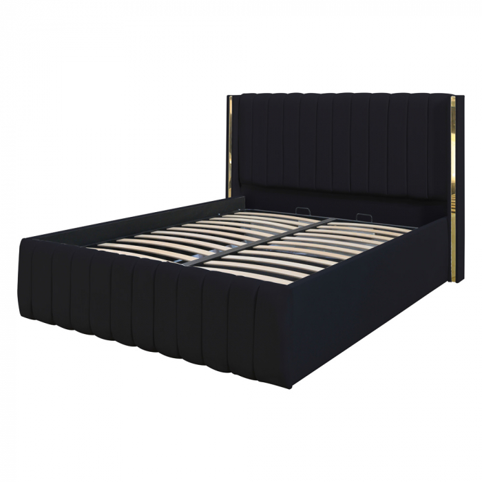 Pat dublu tapitat Georgia, 200/200 cm, negru cu benzi aurii, cu somiera metalica rabatabila si spatiu de depozitare [4]