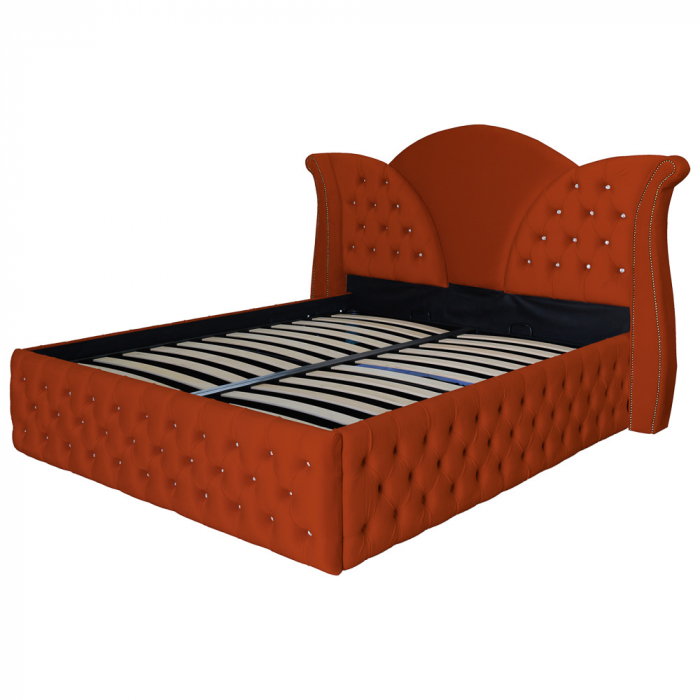 Pat dublu tapitat model Florida Deluxe 140/200 cm culoare caramiziu cu somiera metalica rabatabila si spatiu de depozitare [5]