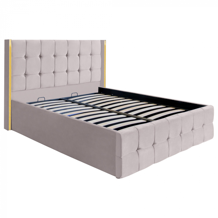 Pat dublu tapitat model Nevada 120/200 cm culoare crem cu somiera metalica rabatabila si spatiu de depozitare [1]