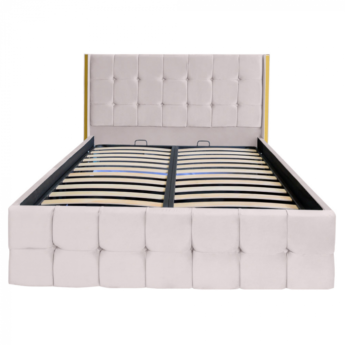 Pat dublu tapitat model Nevada 120/200 cm culoare crem cu somiera metalica rabatabila si spatiu de depozitare [3]
