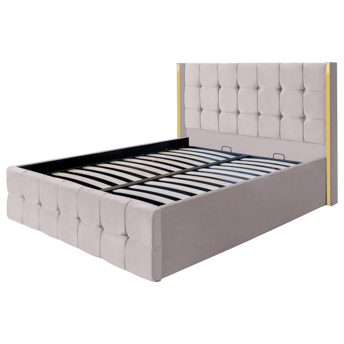 Pat dublu tapitat model Nevada 120/200 cm culoare crem cu somiera metalica rabatabila si spatiu de depozitare [5]