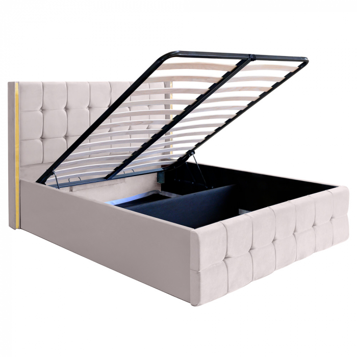 Pat dublu tapitat model Nevada 160/200 cm culoare crem cu somiera metalica rabatabila si spatiu de depozitare [6]