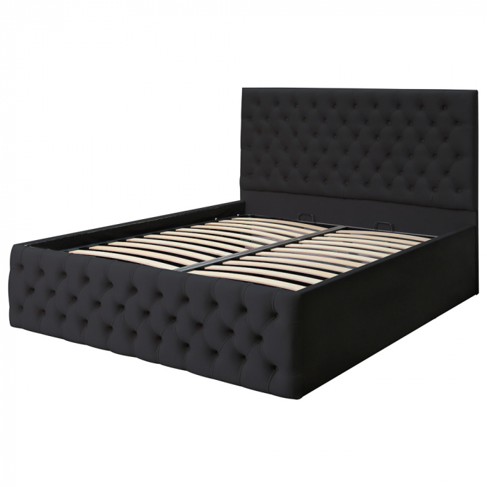 Pat dublu tapitat model Texas, 200/200cm, culoare negru, cu somiera metalica rabatabila si spatiu de depozitare [2]