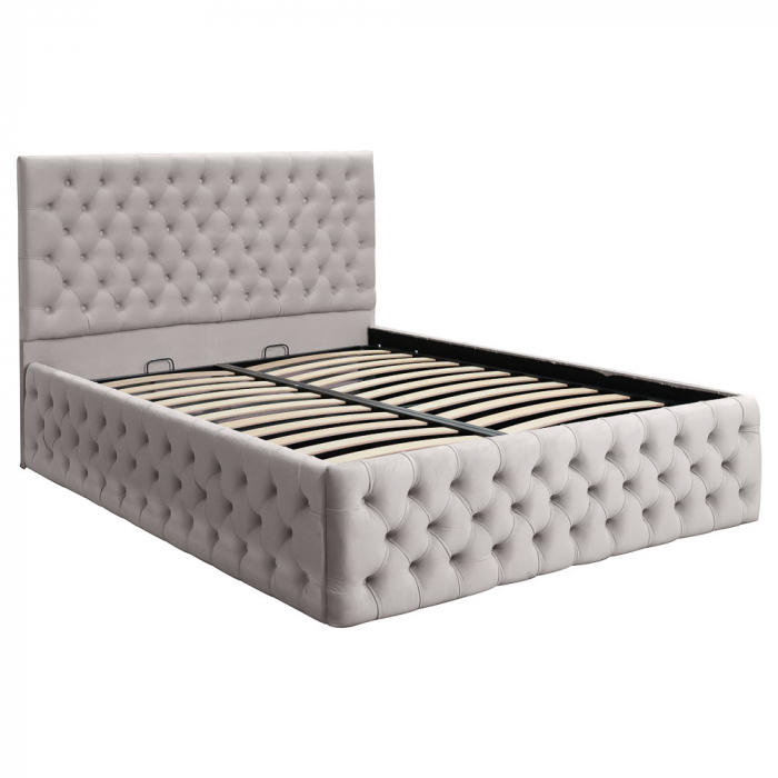 Pat dublu tapitat model Texas Deluxe 160/200 cm culoare crem cu somiera metalica rabatabila si spatiu de depozitare [2]