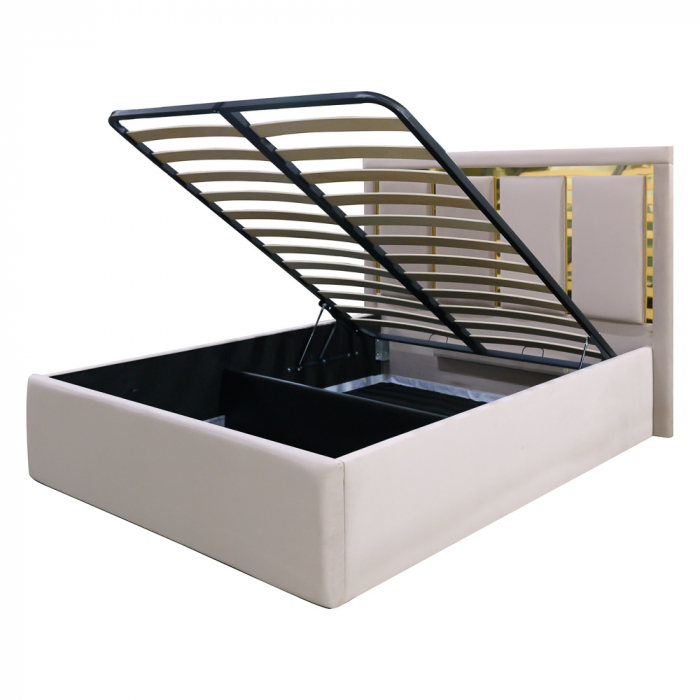 Pat dublu tapitat New York cu benzi aurii, 160/200, crem, cu somiera metalica rabatabila si spatiu de depozitare [4]
