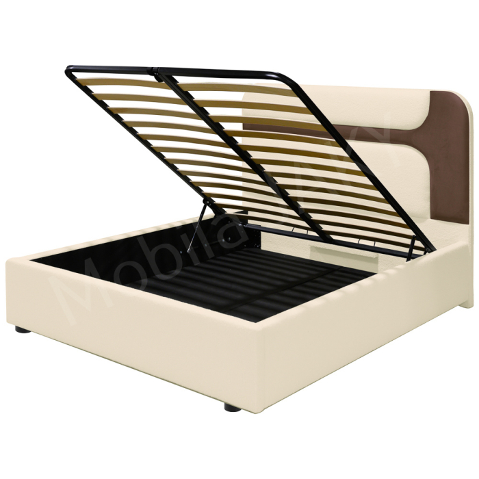 Pat dublu tapitat Valento 180/200, boucle crem+ catifea cappuccino, cu lada de depozitare si somiera metalica rabatabila [5]