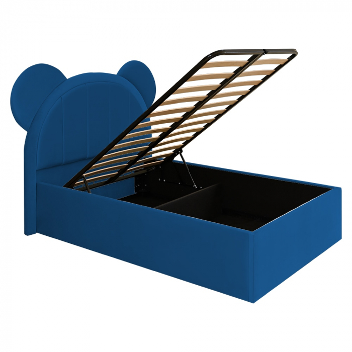 Pat pentru copii tapitat Mickey 100/200 cm,albastru  cu somiera metalica rabatabila si spatiu de depozitare [4]
