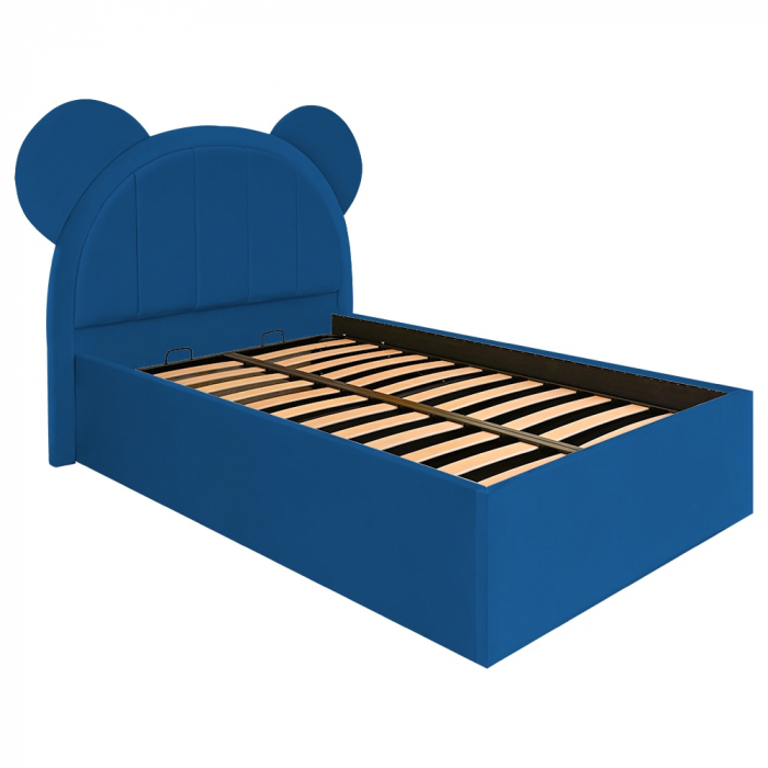 Pat pentru copii tapitat Mickey 100/200 cm,albastru  cu somiera metalica rabatabila si spatiu de depozitare [3]