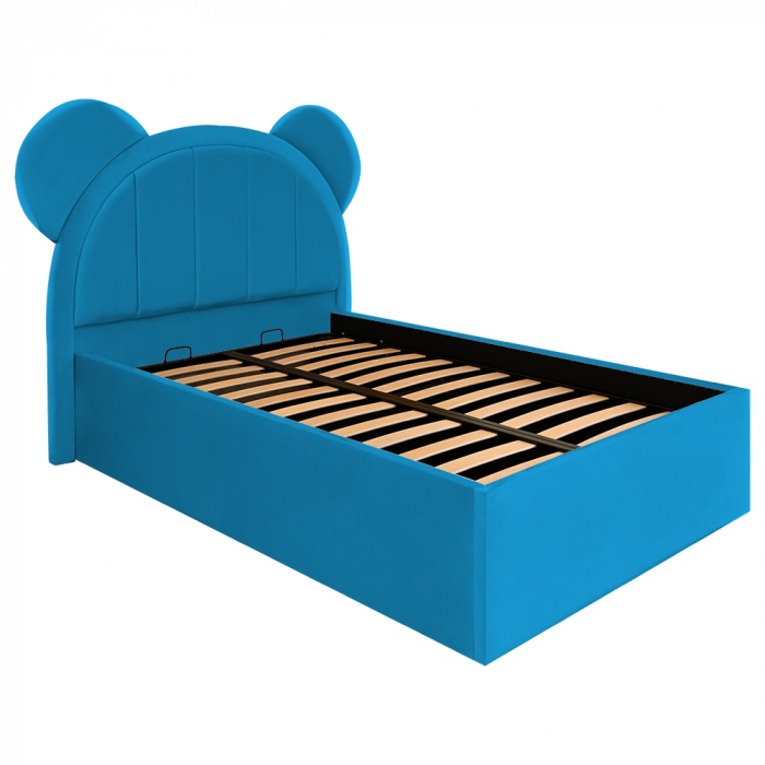 Pat pentru copii tapitat Mickey 100/200 cm,albastru deschis cu somiera metalica rabatabila si spatiu de depozitare [3]