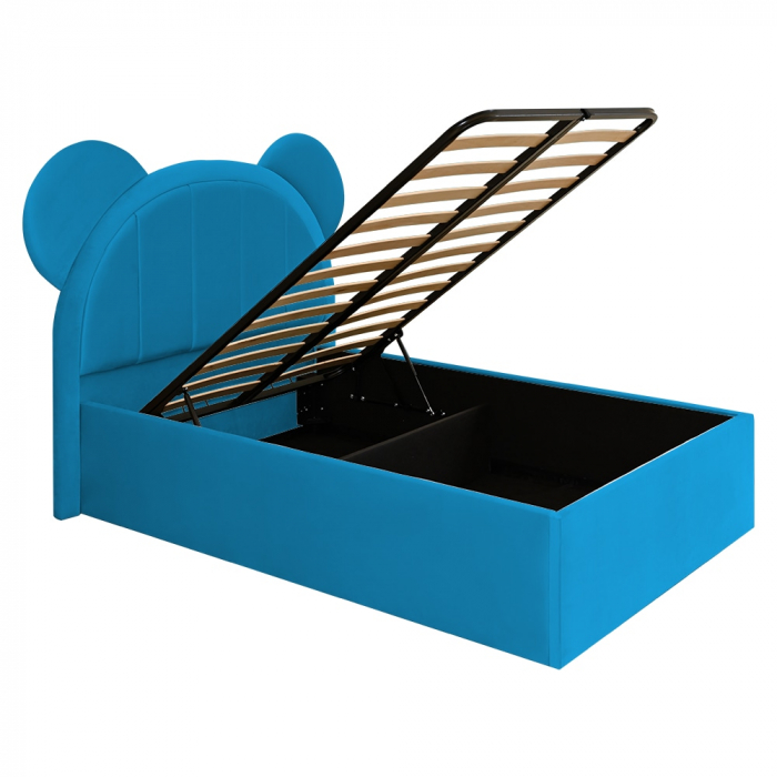 Pat pentru copii tapitat Mickey 100/200 cm,albastru deschis cu somiera metalica rabatabila si spatiu de depozitare [4]