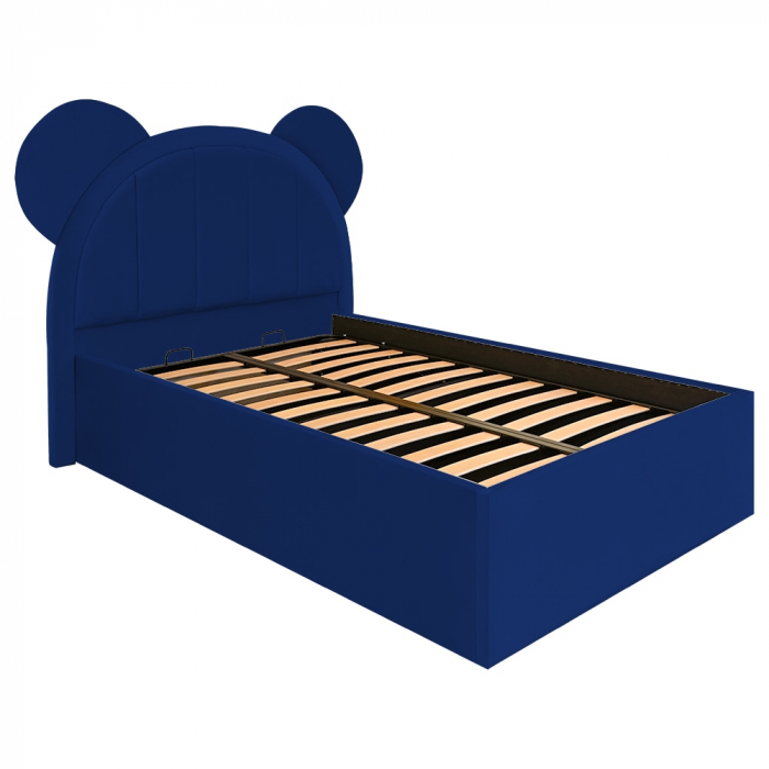 Pat pentru copii tapitat Mickey 100/200 cm,bleumarin cu somiera metalica rabatabila si spatiu de depozitare [3]