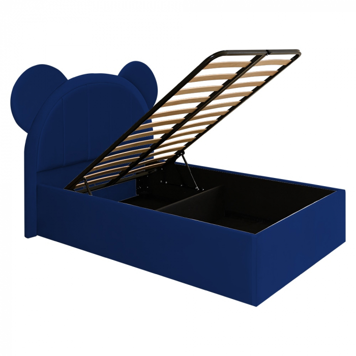 Pat pentru copii tapitat Mickey 100/200 cm,bleumarin cu somiera metalica rabatabila si spatiu de depozitare [4]
