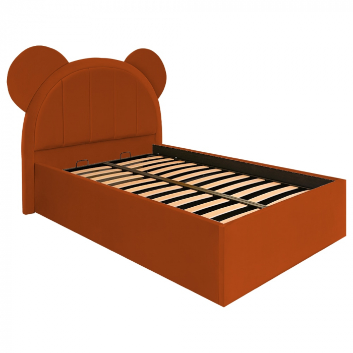Pat pentru copii tapitat Mickey 100/200 cm,caramiziu cu somiera metalica rabatabila si spatiu de depozitare - mobila Jaky [3]