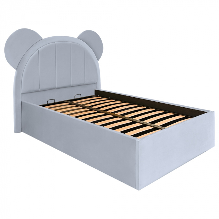 Pat pentru copii tapitat Mickey 100/200 cm,gri deschis cu somiera metalica rabatabila si spatiu de depozitare [3]