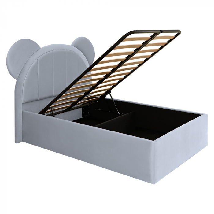 Pat pentru copii tapitat Mickey 100/200 cm,gri deschis cu somiera metalica rabatabila si spatiu de depozitare [4]