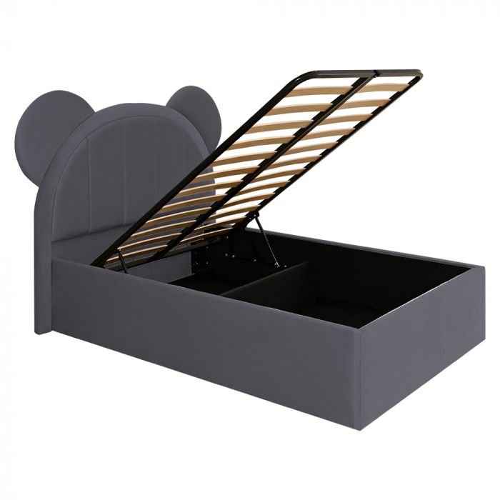 Pat pentru copii tapitat Mickey 100/200 cm,gri inchis cu somiera metalica rabatabila si spatiu de depozitare [4]