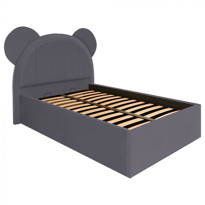 Pat pentru copii tapitat Mickey 100/200 cm,gri inchis cu somiera metalica rabatabila si spatiu de depozitare [3]