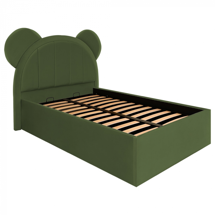 Pat pentru copii tapitat Mickey 100/200 cm, kaki cu somiera metalica rabatabila si spatiu de depozitare [3]
