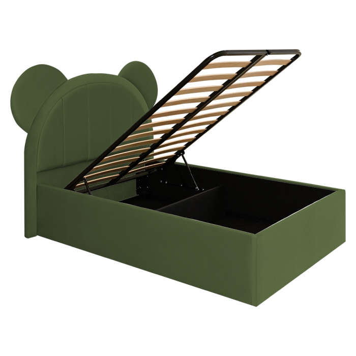 Pat pentru copii tapitat Mickey 100/200 cm, kaki cu somiera metalica rabatabila si spatiu de depozitare [4]