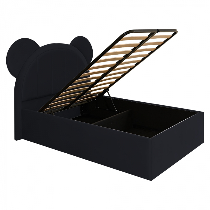 Pat pentru copii tapitat Mickey 100/200 cm,negru cu somiera metalica rabatabila si spatiu de depozitare [4]