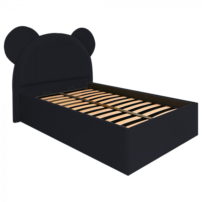 Pat pentru copii tapitat Mickey 100/200 cm,negru cu somiera metalica rabatabila si spatiu de depozitare [3]