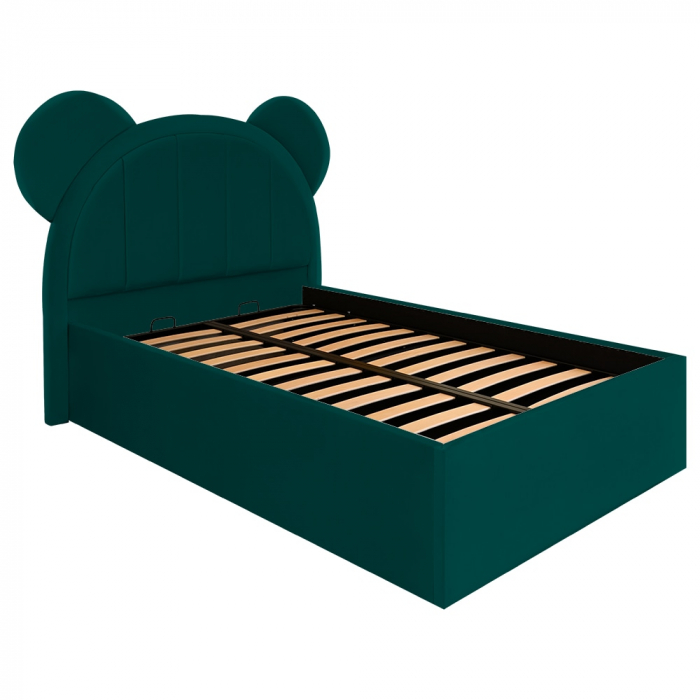 Pat pentru copii tapitat Mickey 100/200 cm,verde  cu somiera metalica rabatabila si spatiu de depozitare [3]