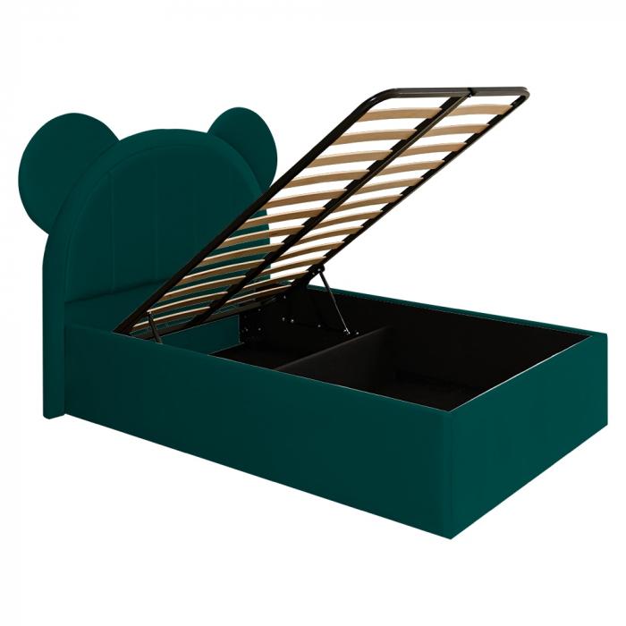 Pat pentru copii tapitat Mickey 100/200 cm,verde  cu somiera metalica rabatabila si spatiu de depozitare [4]