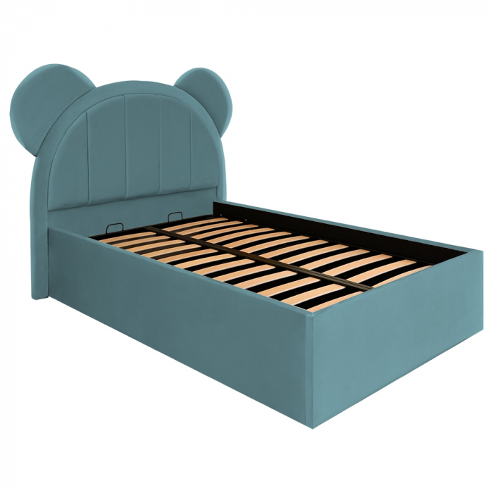 Pat pentru copii tapitat Mickey 100/200 cm, verde marin cu somiera metalica rabatabila si spatiu de depozitare [3]