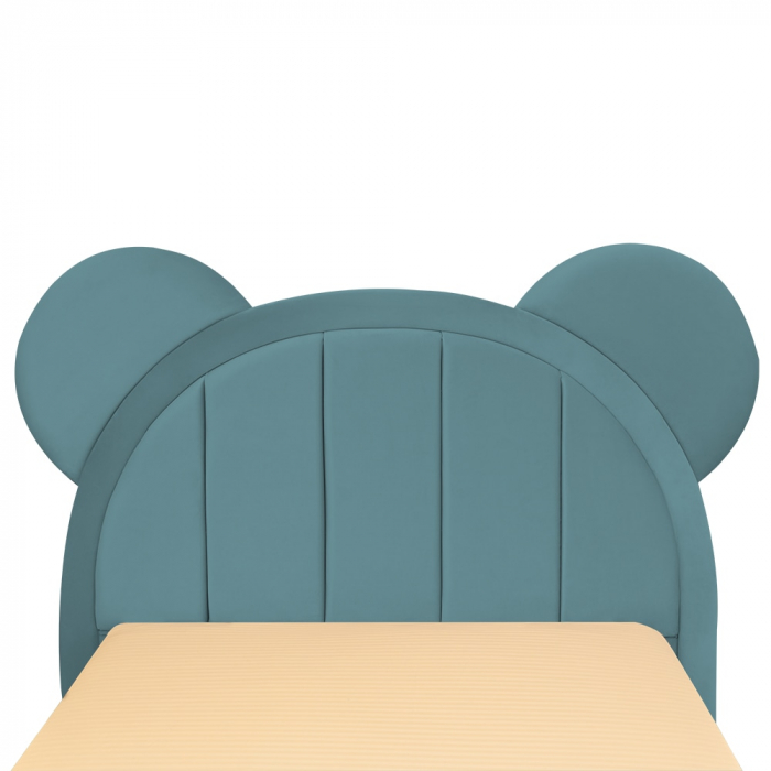 Pat pentru copii tapitat Mickey 100/200 cm, verde marin cu somiera metalica rabatabila si spatiu de depozitare [5]
