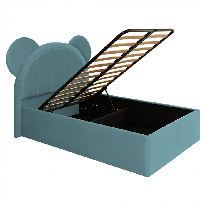Pat pentru copii tapitat Mickey 100/200 cm, verde marin cu somiera metalica rabatabila si spatiu de depozitare [4]