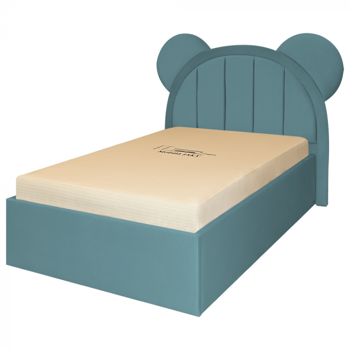 Pat pentru copii tapitat Mickey 100/200 cm, verde marin cu somiera metalica rabatabila si spatiu de depozitare [2]