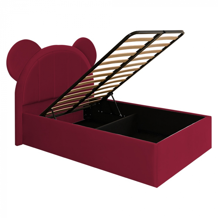 Pat pentru copii tapitat Mickey 100/200 cm,visiniu  cu somiera metalica rabatabila si spatiu de depozitare - mobila Jaky - mobila JAK [4]