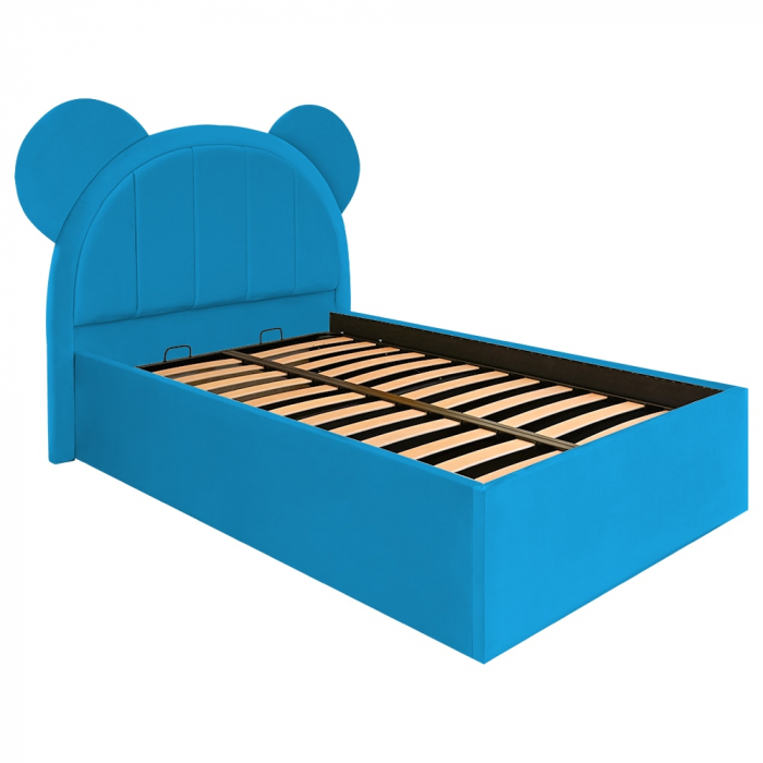 Pat pentru copii tapitat Mickey 120/200 cm, albastru deschis cu somiera metalica rabatabila si spatiu de depozitare [3]