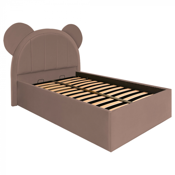 Pat pentru copii tapitat Mickey 120/200 cm, cappuccino cu somiera metalica rabatabila si spatiu de depozitare [3]