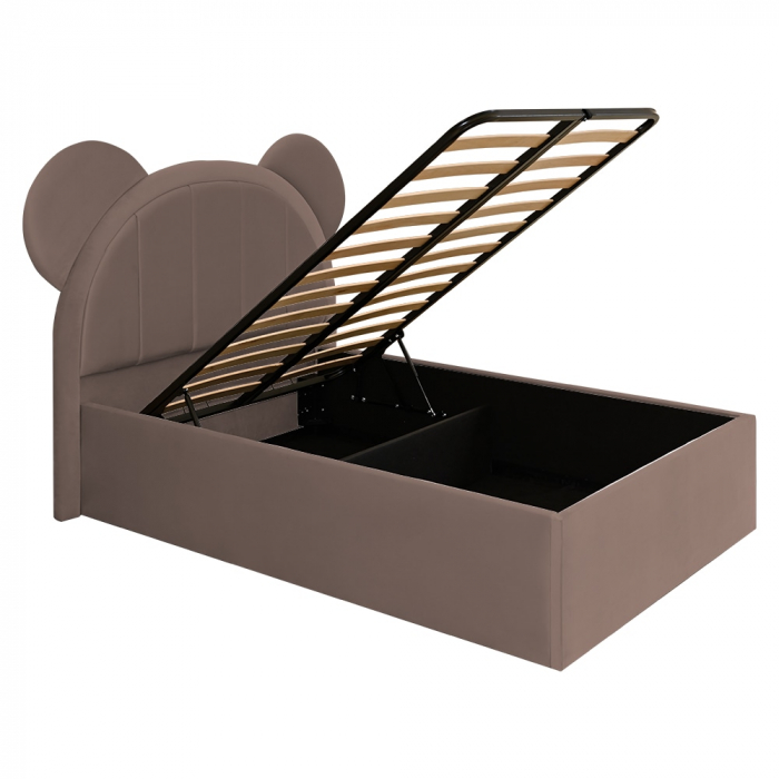 Pat pentru copii tapitat Mickey 120/200 cm, cappuccino cu somiera metalica rabatabila si spatiu de depozitare [4]