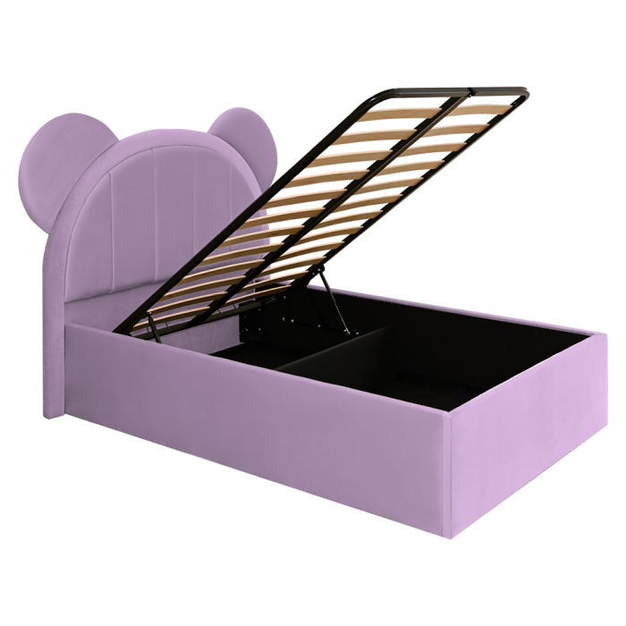 Pat pentru copii tapitat Mickey 120/200 cm, lila cu somiera metalica rabatabila si spatiu de depozitare [4]