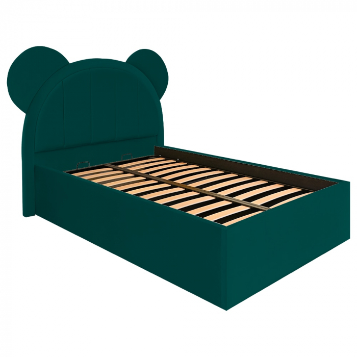 Pat pentru copii tapitat Mickey 120/200 cm, verde cu somiera metalica rabatabila si spatiu de depozitare [3]