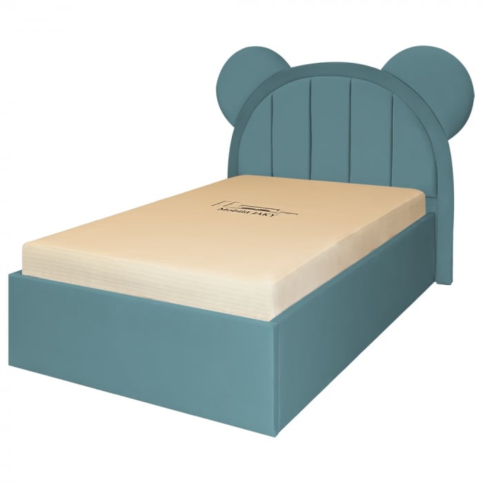 Pat pentru copii tapitat Mickey 120/200 cm, verde marin cu somiera metalica rabatabila si spatiu de depozitare [2]