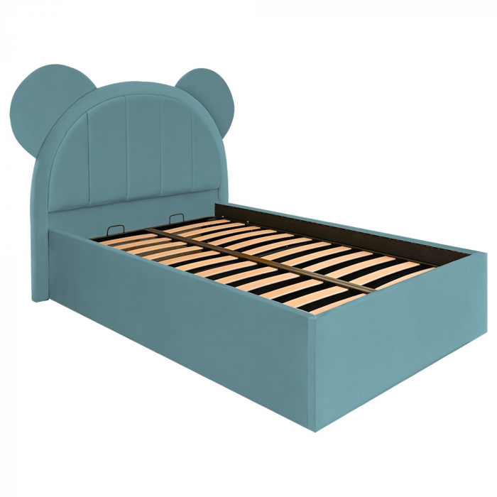 Pat pentru copii tapitat Mickey 120/200 cm, verde marin cu somiera metalica rabatabila si spatiu de depozitare [3]