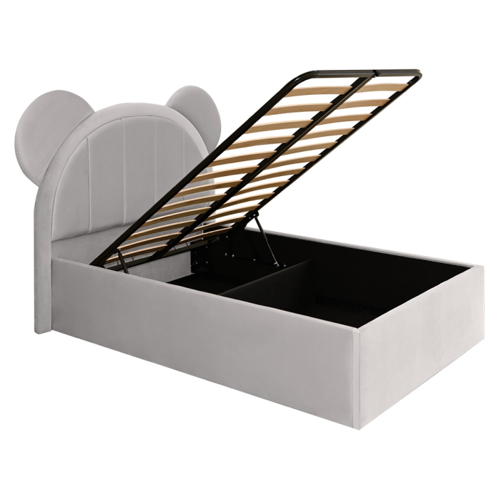 Pat pentru copii tapitat Mickey 140/200 cm, gri deschis cu somiera metalica rabatabila si spatiu de depozitare [4]