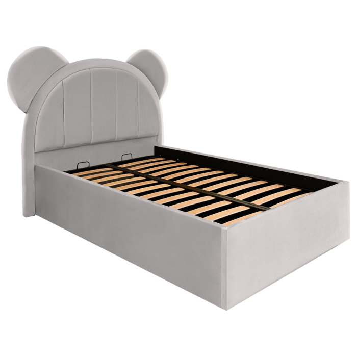 Pat pentru copii tapitat Mickey 140/200 cm, gri deschis cu somiera metalica rabatabila si spatiu de depozitare [3]