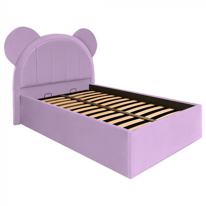 Pat pentru copii tapitat Mickey 140/200 cm, lila, cu somiera metalica rabatabila si spatiu de depozitare [3]