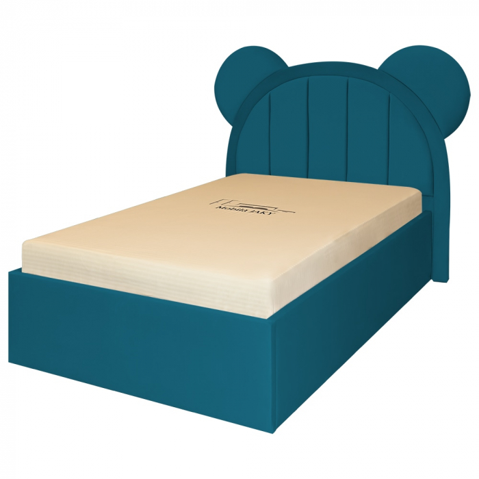 Pat pentru copii tapitat Mickey 140/200 cm, turcoazcu somiera metalica rabatabila si spatiu de depozitare [2]